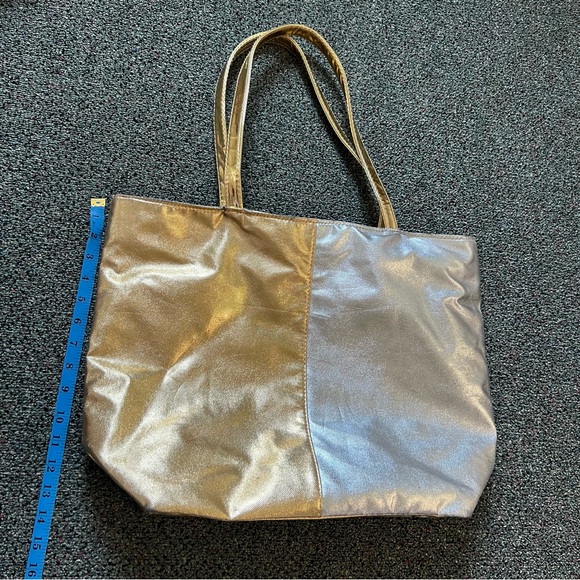Color-block Shiny Metallic Silver & Gold Medium Large Tote Bag Pockets Laptop - Picture 14 of 16